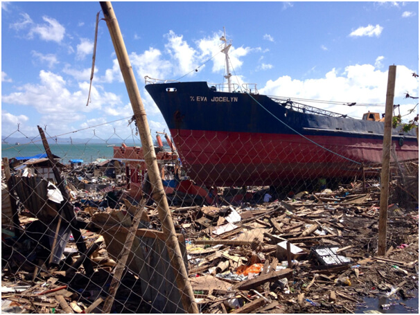 A huge ship transported and dumped by the storm surge